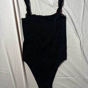 Black Ribbed Bodysuit with Lace Straps